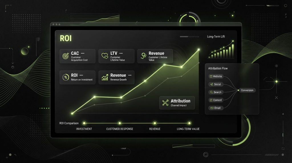 Brand ROI dashboard showing CAC, LTV, revenue growth, and attribution flow chart