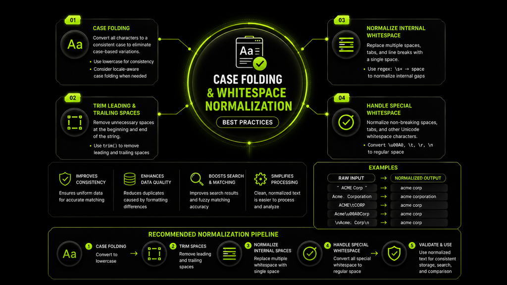 Infographic on case folding and whitespace normalization best practices to apply