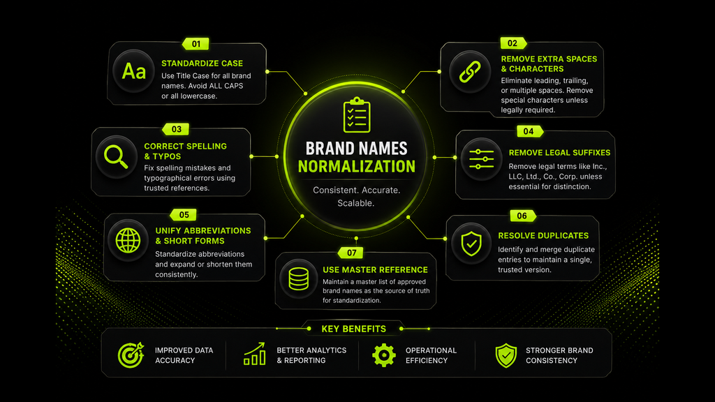 Infographic showing seven brand name normalization rules and their key benefits.