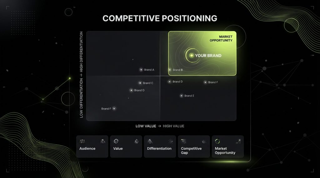 Competitive positioning quadrant map showing highlighted brand opportunity zones