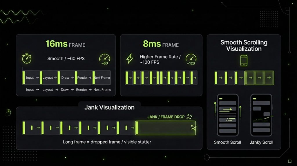 16ms vs 8ms frame render comparison with jank and smooth scroll diagram