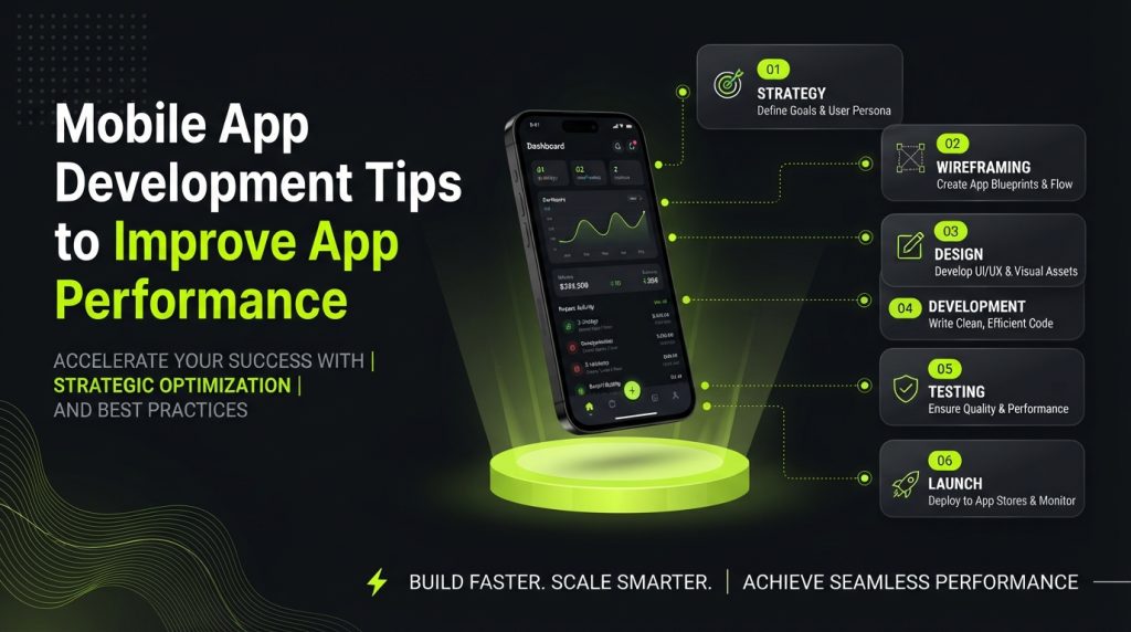 Mobile app development infographic: strategy, design, testing, launch steps