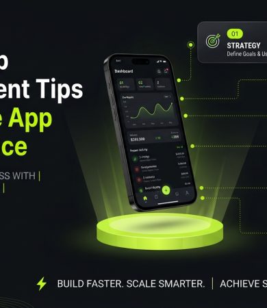Mobile app development infographic: strategy, design, testing, launch steps