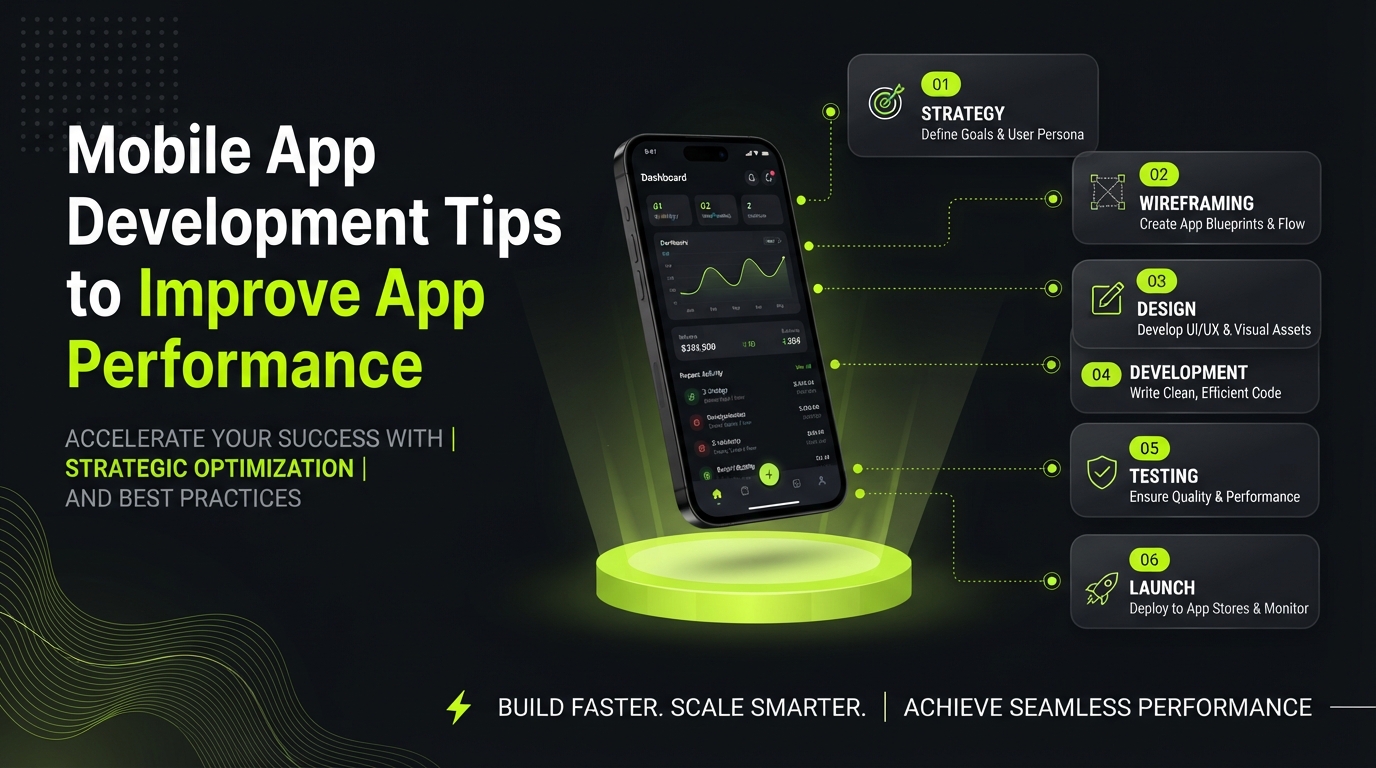 Mobile app development infographic: strategy, design, testing, launch steps