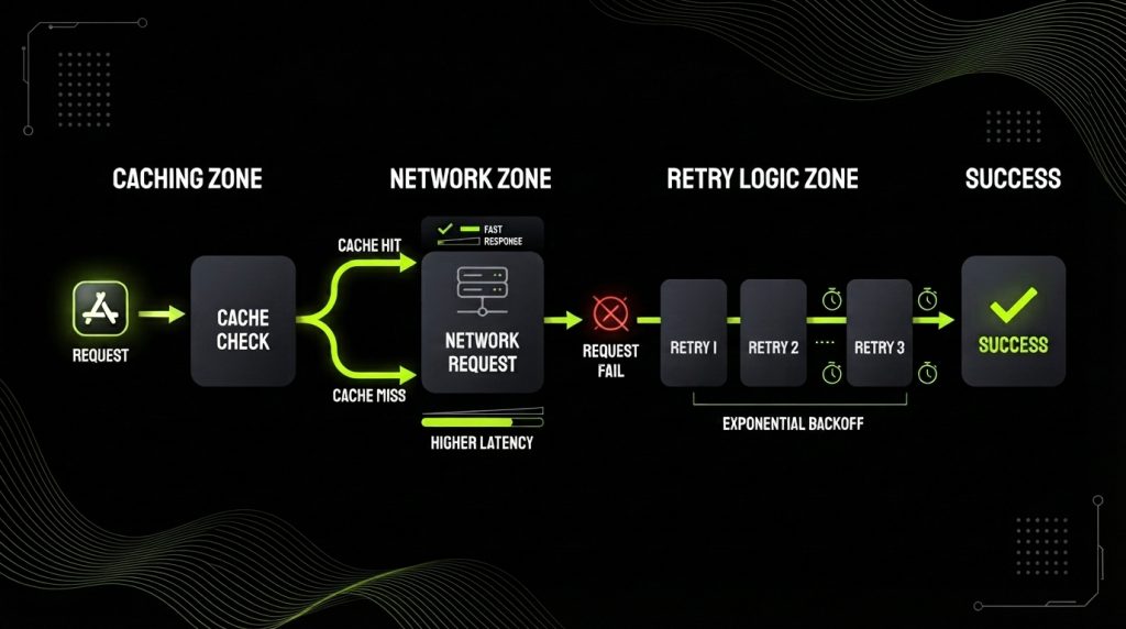 Network flow diagram: cache check, request, retry with exponential backoff
