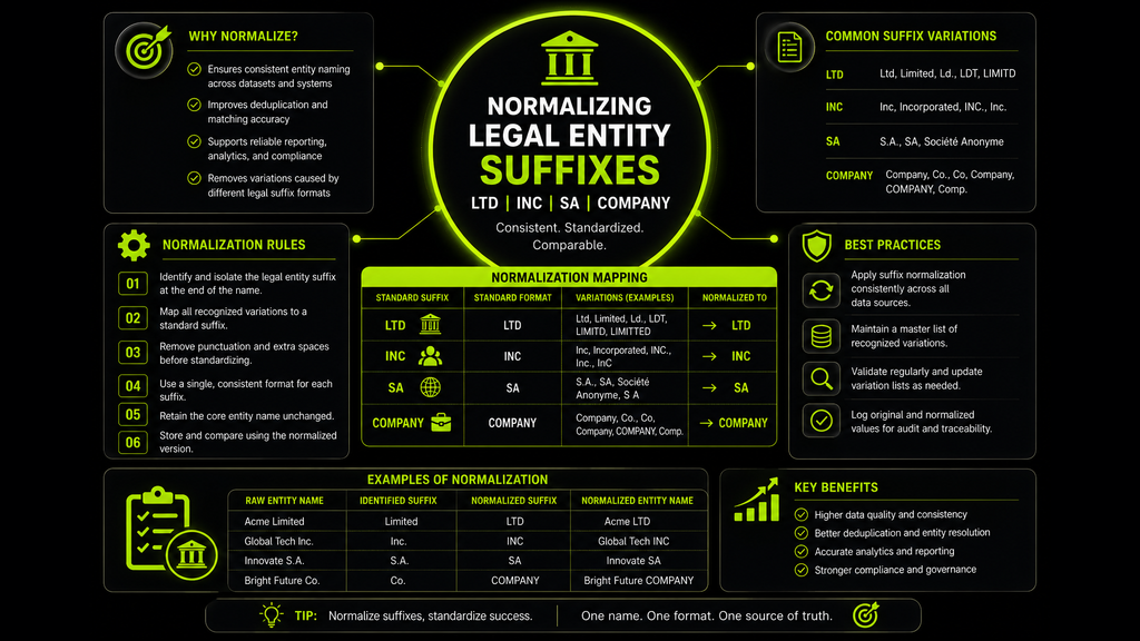 Infographic explaining how to normalize legal entity suffixes Ltd Inc SA Company