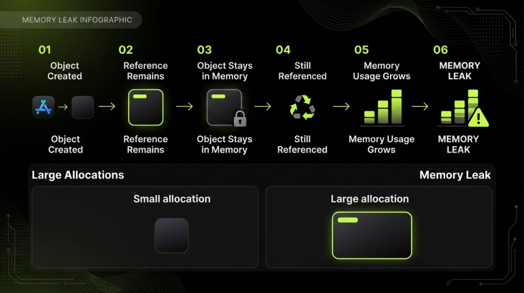 Memory leak infographic showing object reference chain and large allocations