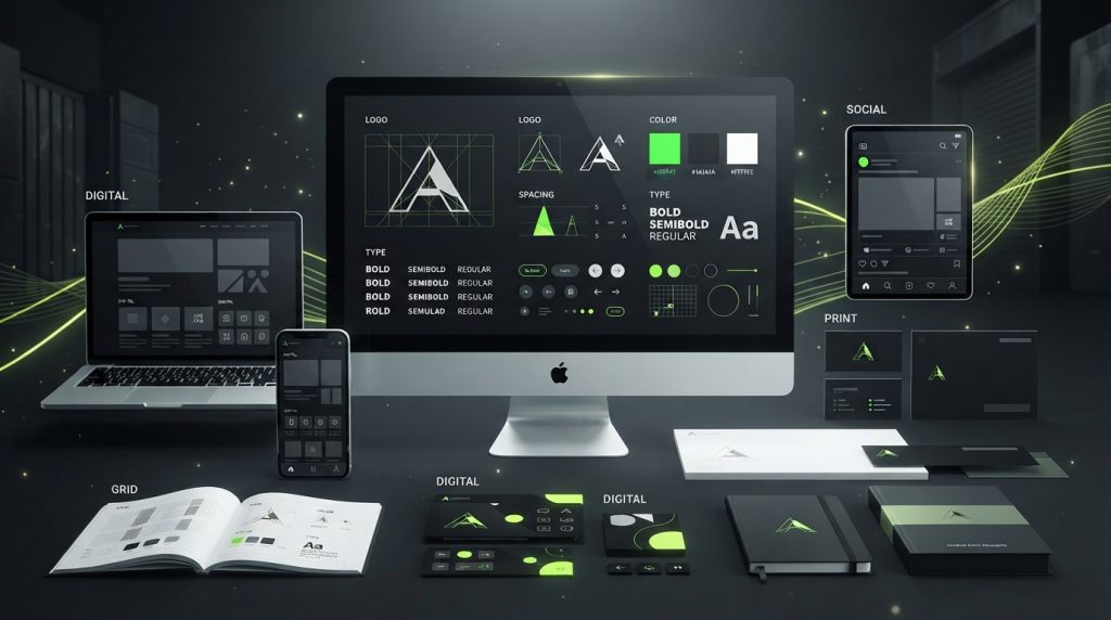 Brand style guide screen with logo grid, color palette, and typography specimens