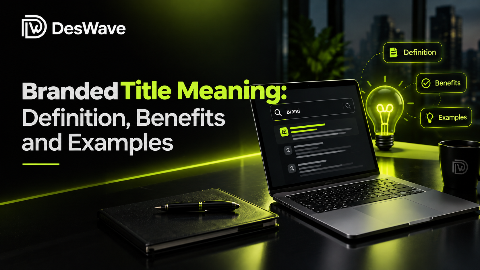 Laptop screen with branded search result and Definition, Benefits, Examples icons