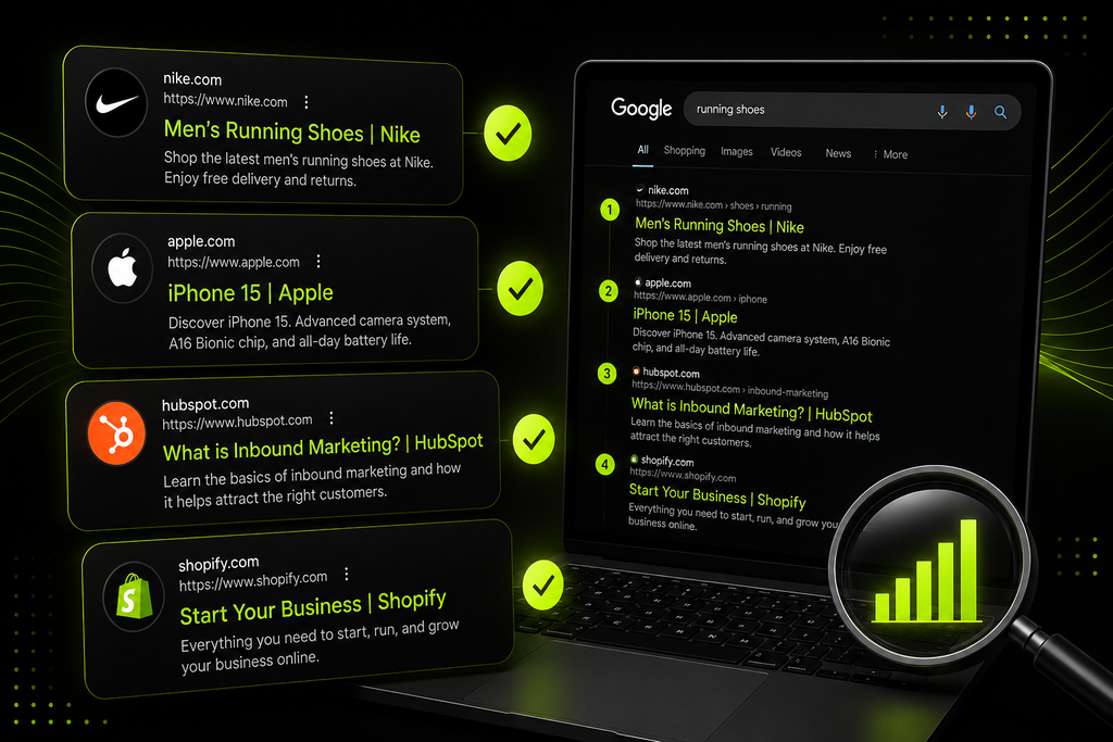 Nike, Apple, HubSpot and Shopify branded titles shown in a Google search results