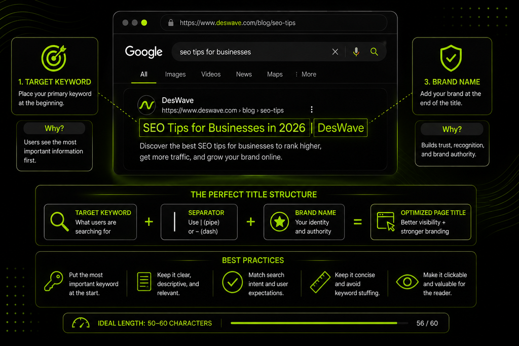 Diagram showing a target keyword, separator, and brand name in an SEO page title