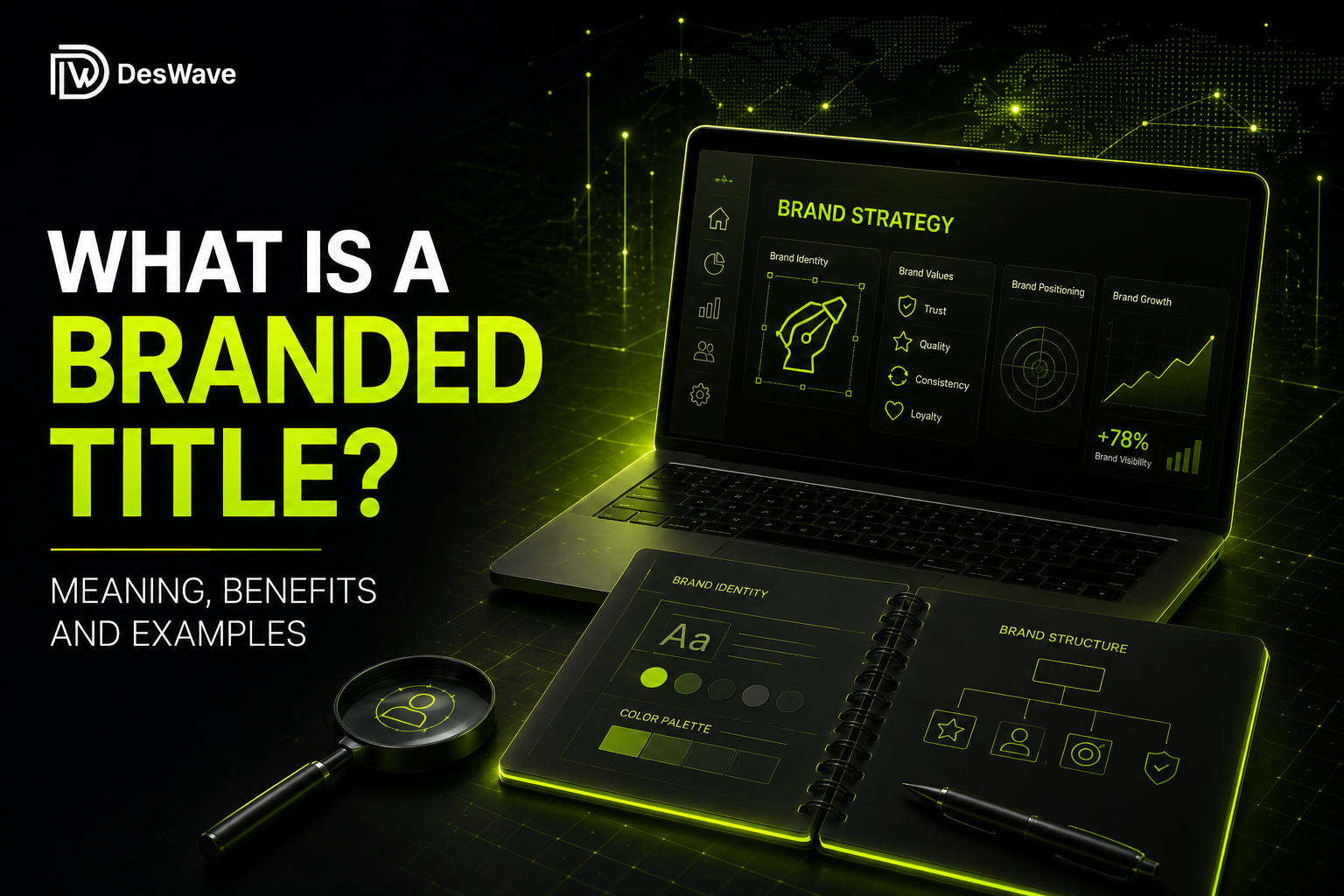 DesWave laptop screen showing brand strategy dashboard and growth analytics data